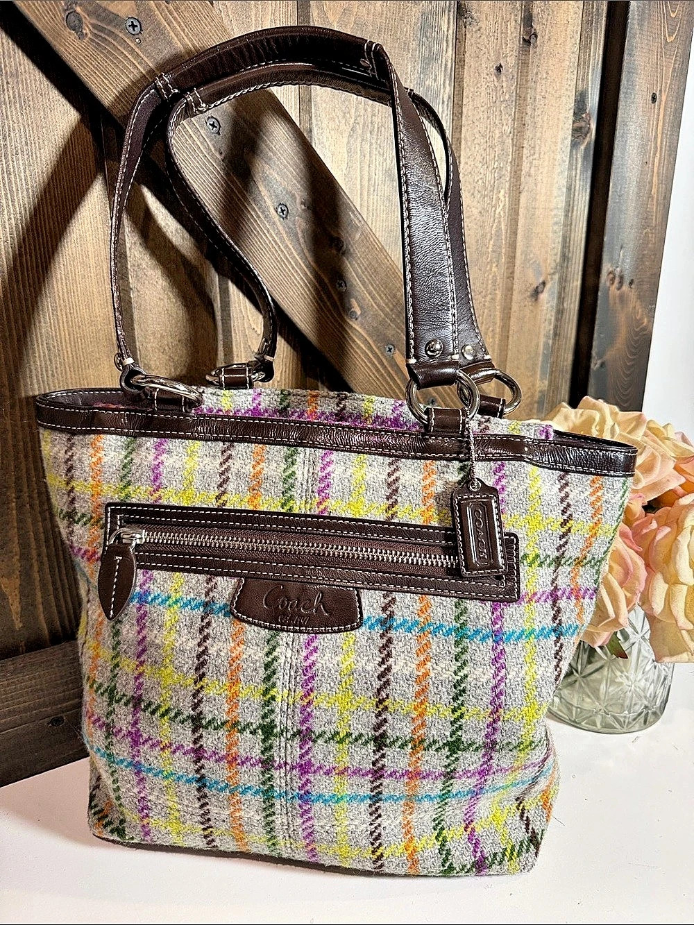 Coach Plaid Tweed Tote Bag in Brown & Multicolor
